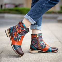 Handmade Ankle Boots Flower Embossed Rubber Bottom Slip-Proof Booties Brown