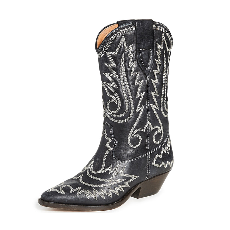 Womens Western Boots Mid Calf Contrast-stitching Cowboy Boots- Black/White Cowgirl Boots Sheepskin Lining