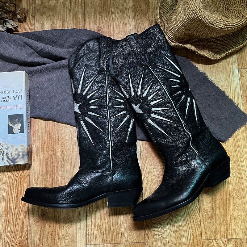 Damen Westernstiefel mit Stickerei - Wildlederstiefel in Khaki/Schwarz, Cowgirlstiefel, komplett aus echtem Leder