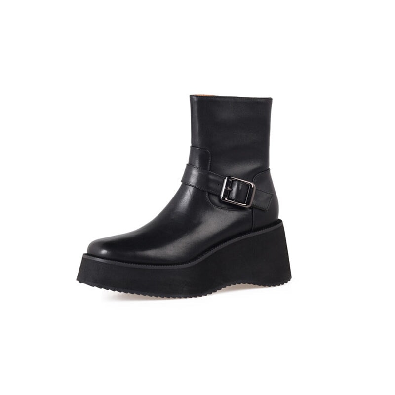 Platform Wedge Boots 70mm Heeled with Buckle and Size Zipper