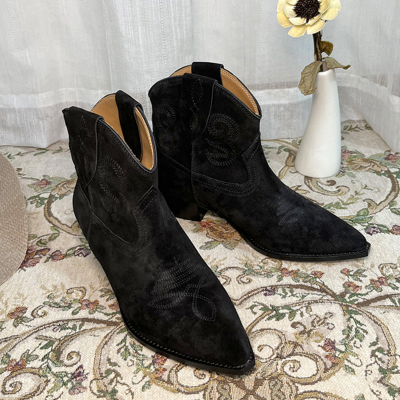 Botines bordados estilo western para mujer - Gamuza color caqui/negro/marrón - Botas vaqueras de cuero genuino