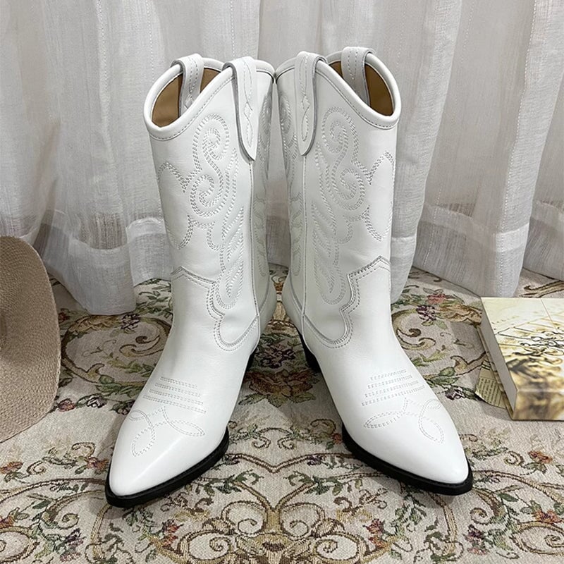 Womens Embroidered Western Boots Block Heel Short Boots All Genuine Leather