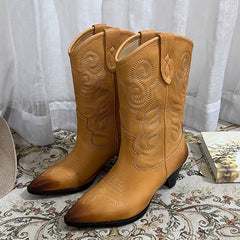 Botas vaqueras bordadas para mujer, botas cortas de tacón de bloque, todas de cuero genuino