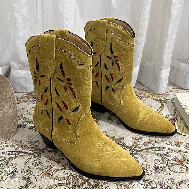 Botas vaqueras para mujer con tacón de bloque y cortes, de piel auténtica.