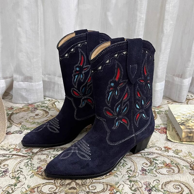 Botas vaqueras para mujer con tacón de bloque y cortes, de piel auténtica.