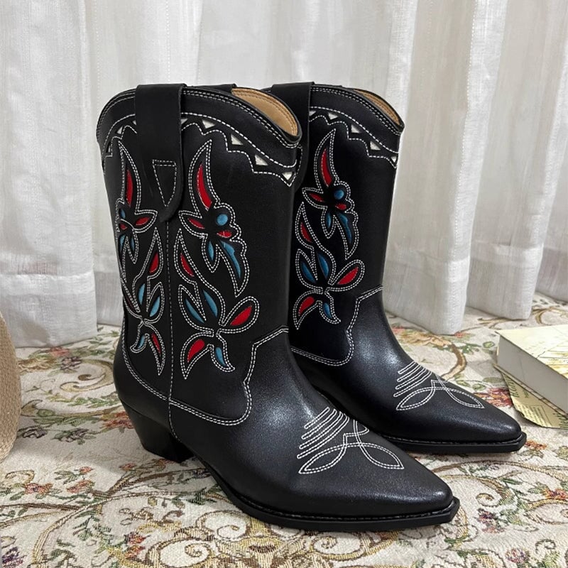 Botas vaqueras para mujer con tacón de bloque y cortes, de piel auténtica.