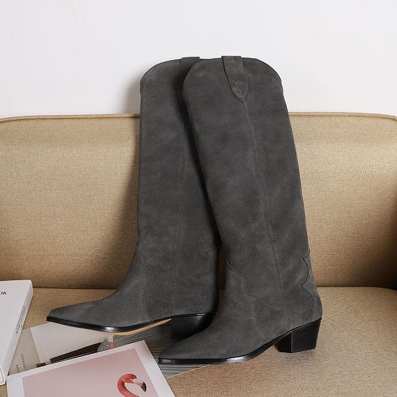 Womens Western Suede Knee High Boots Block Heel - Khaki/Black/Grey/Brown Cowgirl Boots All Genuine Leather