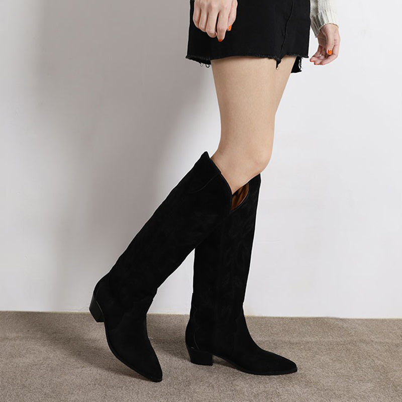 Botas vaqueras hasta la rodilla con bordado occidental para mujer, tacón de bloque, gamuza negra/caqui/gris, cuero genuino.