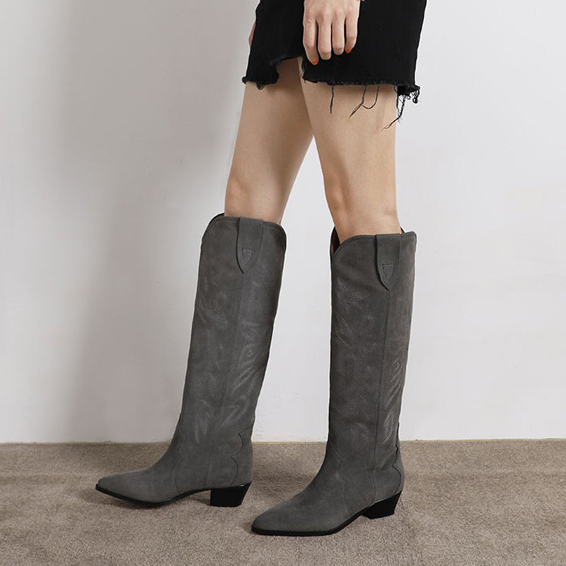 Botas vaqueras hasta la rodilla con bordado occidental para mujer, tacón de bloque, gamuza negra/caqui/gris, cuero genuino.