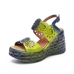 Handmade Strappy Retro Peep Toe Wedges Sandals Grey/Green