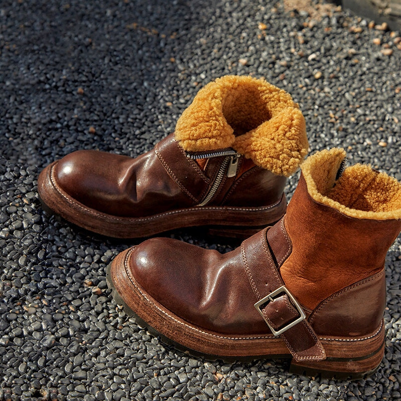 Botas de combate para caballos cosidas a mano, botas cortas y cálidas