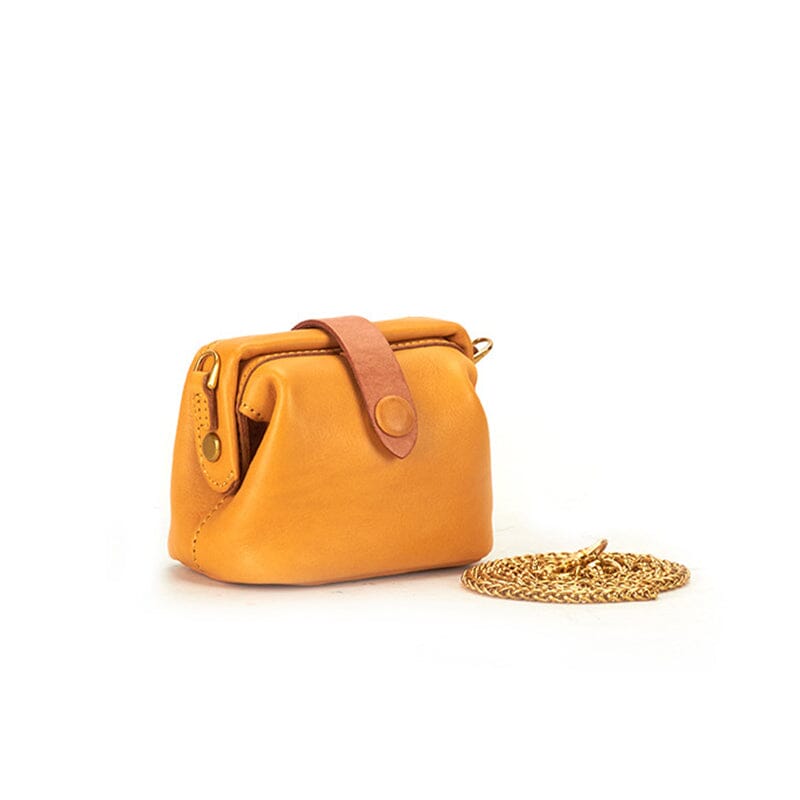 Simple Mini Mouth Gold Bag Cowhide Doctor Bag