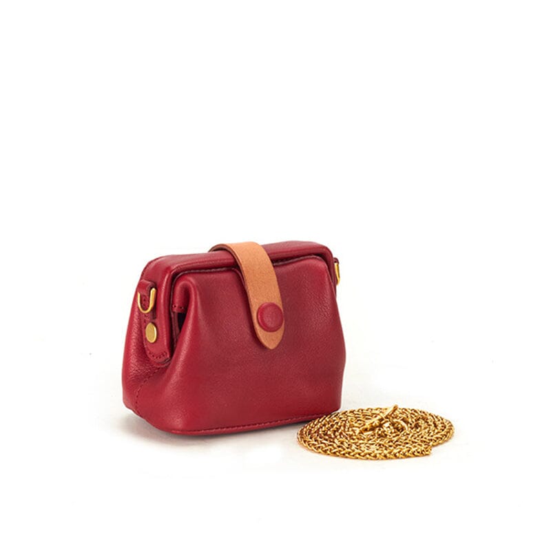 Simple Mini Mouth Gold Bag Cowhide Doctor Bag