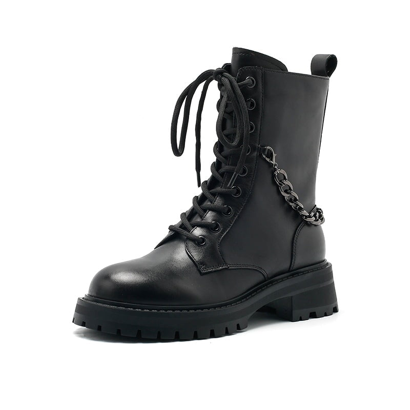 Short Boots Lace up Combat Boots with Metal Chain Detail