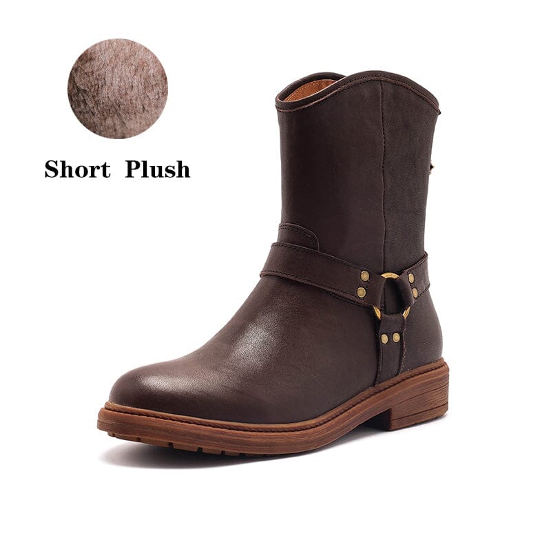 Westernstiefel mit Gürtel, Blockabsatz, kurze Stiefel, Reißverschluss hinten, Schwarz/Kaffee/Braun