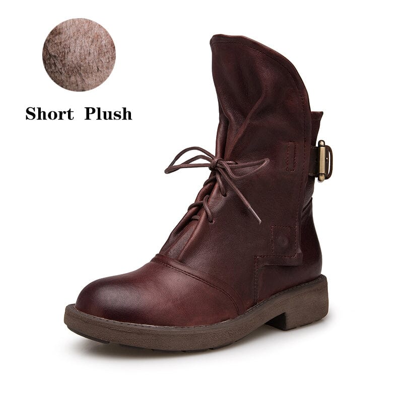 Damen Retro Schaffell Kurze Stiefel für den Winter Schnürstiefel mit Schnallen Kaffee/Schwarz