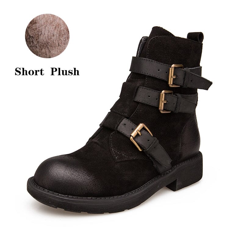 Full Grain Combat Boots Designer Retro Chunky Buckle Boots Coffee/Black