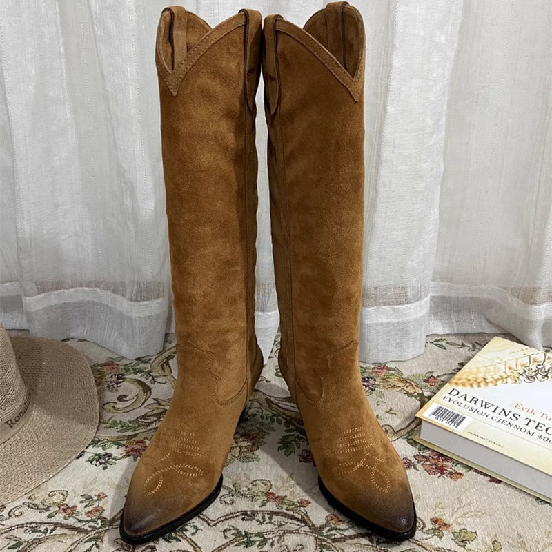 Botas vaqueras de ante estilo western para mujer, hasta la rodilla, con tacón de bloque, en gris, marrón y negro. Todas de cuero genuino.