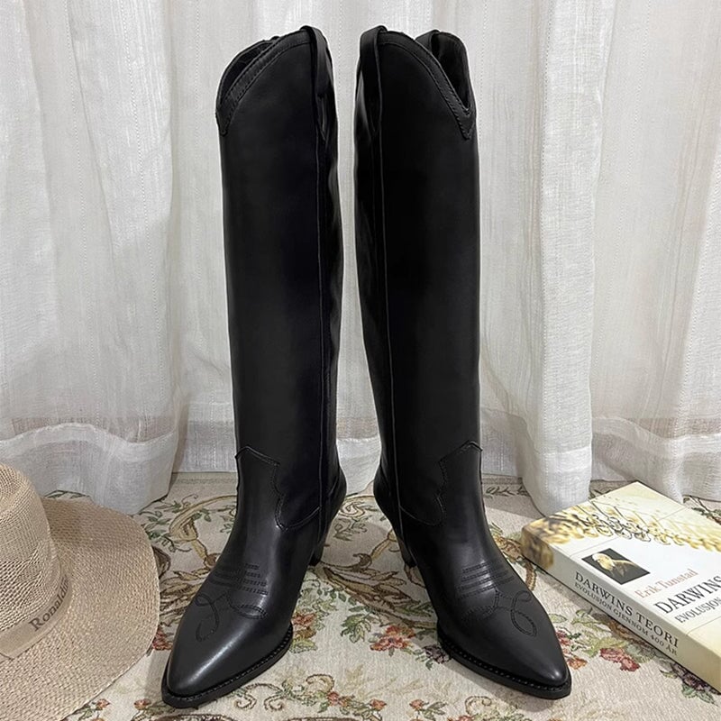 Botas vaqueras de ante estilo western para mujer, hasta la rodilla, con tacón de bloque, en gris, marrón y negro. Todas de cuero genuino.