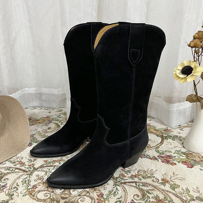 Botas vaqueras de ante estilo western para mujer, de media pantorrilla y tacón cuadrado, color caqui, negro, gris y marrón, totalmente de cuero genuino.