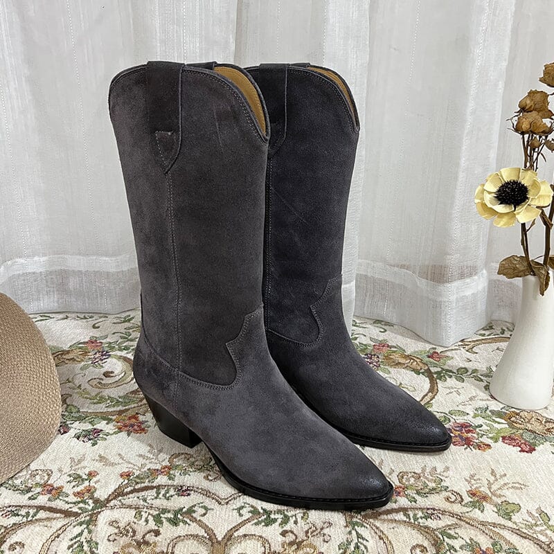 Botas vaqueras de ante estilo western para mujer, de media pantorrilla y tacón cuadrado, color caqui, negro, gris y marrón, totalmente de cuero genuino.