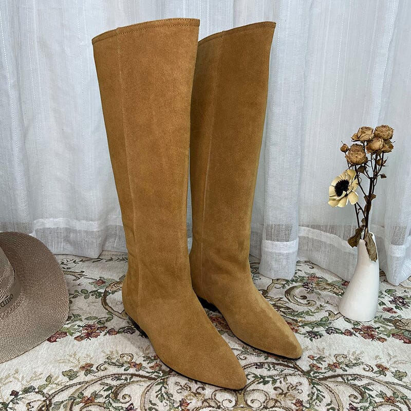 Western Boots Suede Knee High Boots Flat Heel - Khaki/Black/Grey/Brown Cowgirl Boots All Genuine Leather