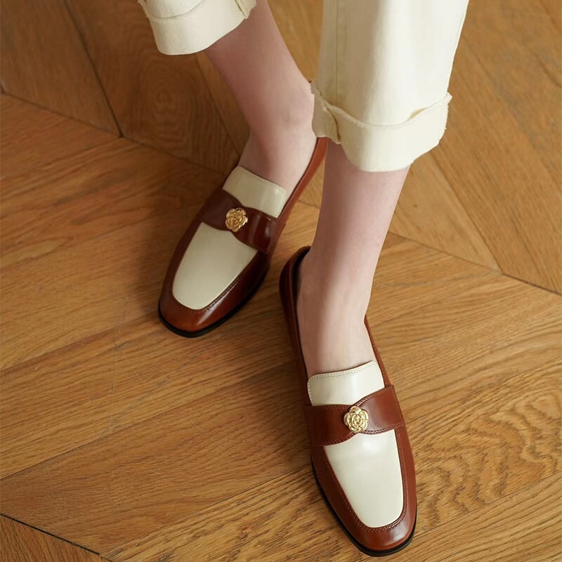 Retro Soft Penny Loafers Square Toe With Camellia Detail