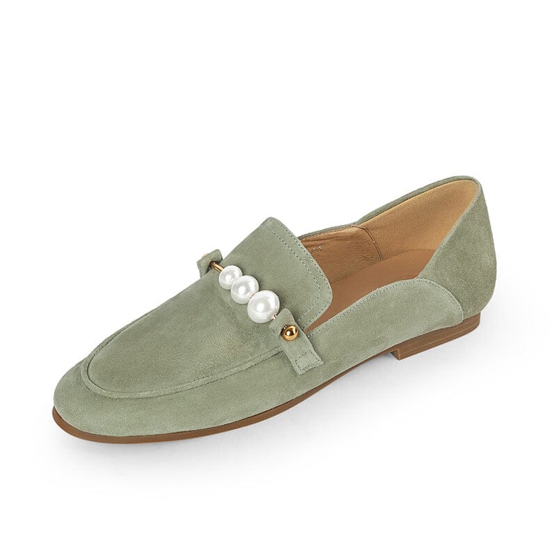 Suede Loafers Pearls Details Round Toe