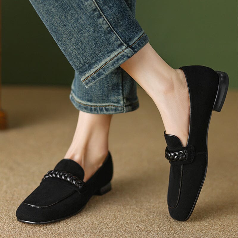 Suede Loafers Weave Details Square Toe