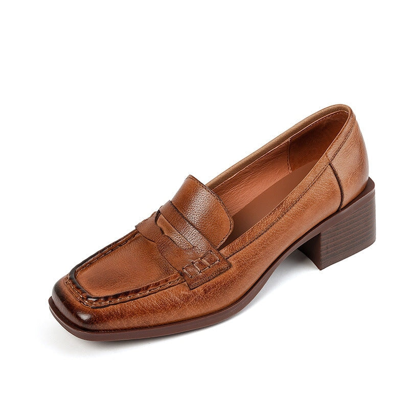 Retro Square Toe Block Heel Penny Loafers