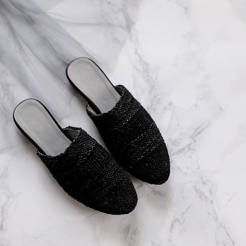 Handemade Slippers Classic Sheepskin Weaving Shoes Black/Gray