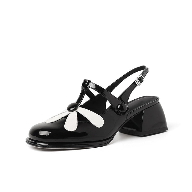 T strap Flower Detail Mary Jane Slingback Sandals Block Heel Square Toe