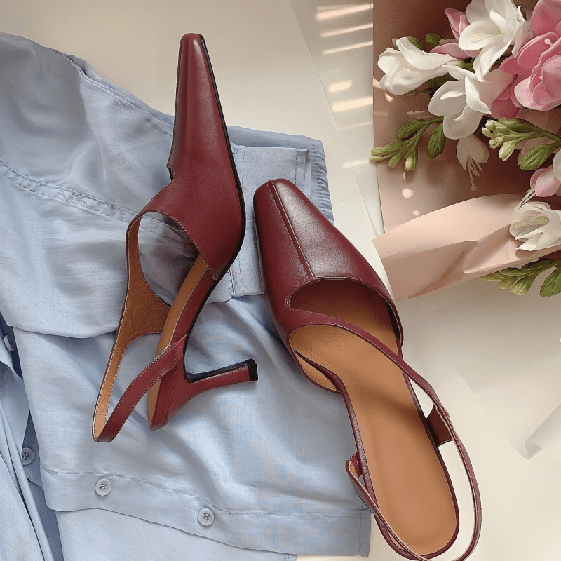 Genuine 75mmSlingback Stiletto Pumps Square Toe