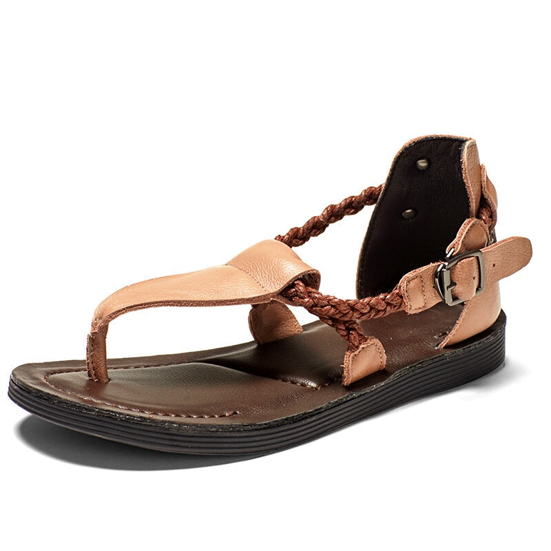 Cowhide Flat Sandals Ankle Strap Flip-flops