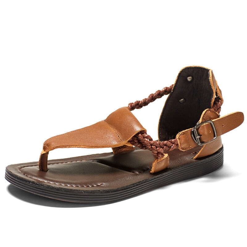 Cowhide Flat Sandals Ankle Strap Flip-flops