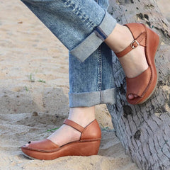 Handmade Wedges Sandals Ankle Strap Peep Toe