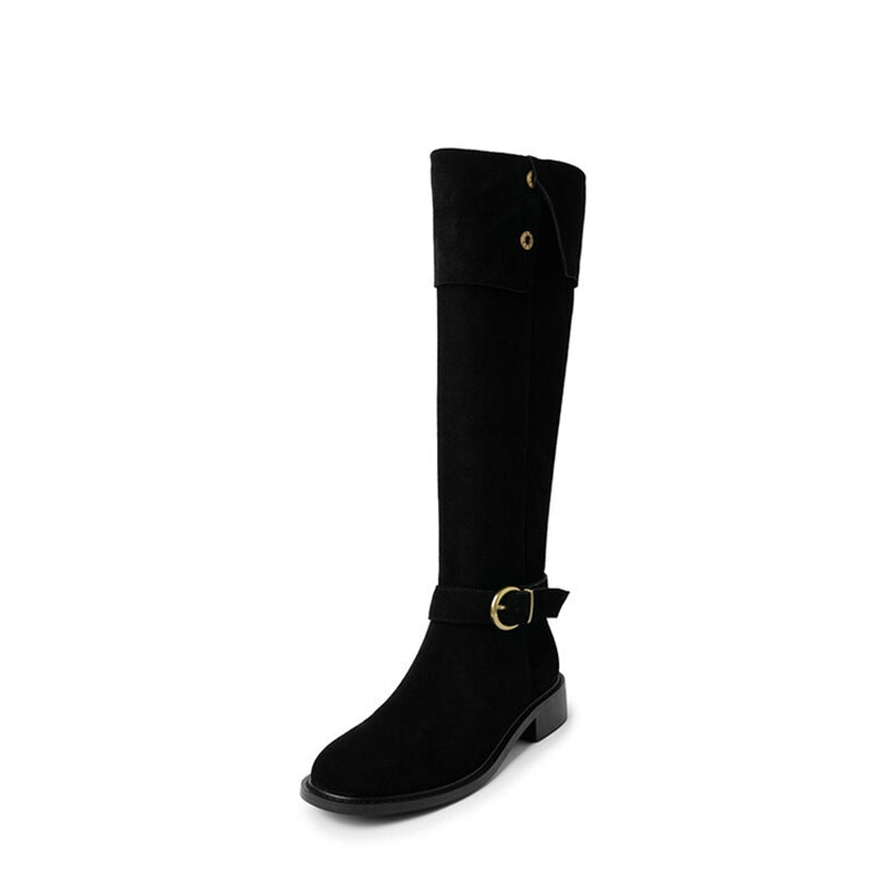 Botas altas de ante para mujer, tacón de bloque de 75 mm