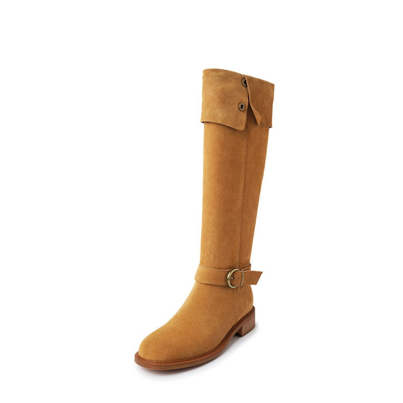 Botas altas de ante para mujer, tacón de bloque de 75 mm