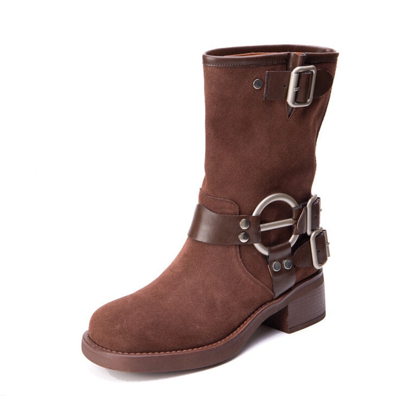 Suede Short Boots Buckle Boots Big Round Toe