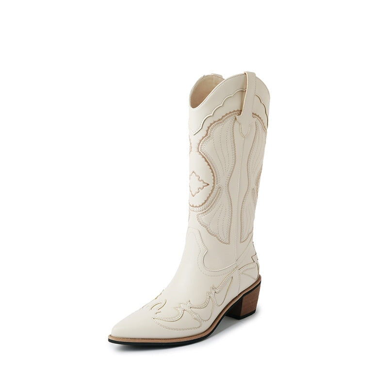 Womens Western Boots Mid Calf Contrast-stitching Cowboy Boots- White/Coffee