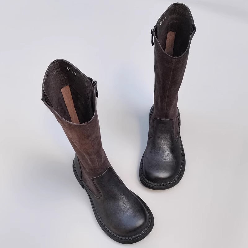 Botas de montar hechas a mano hasta la rodilla con diseño de empalme de puntera grande, color negro y marrón