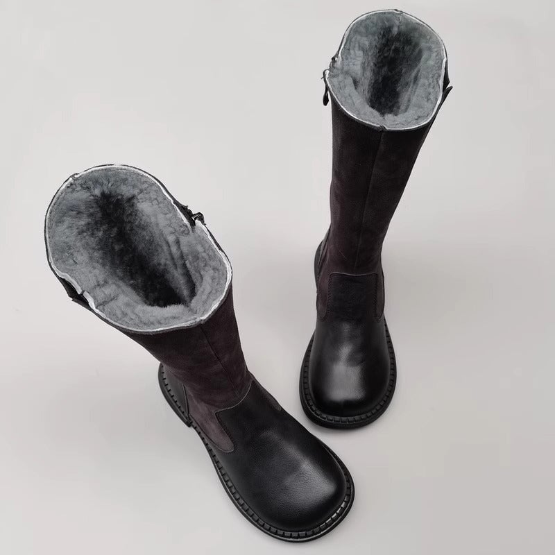 Botas de montar hechas a mano hasta la rodilla con diseño de empalme de puntera grande, color negro y marrón