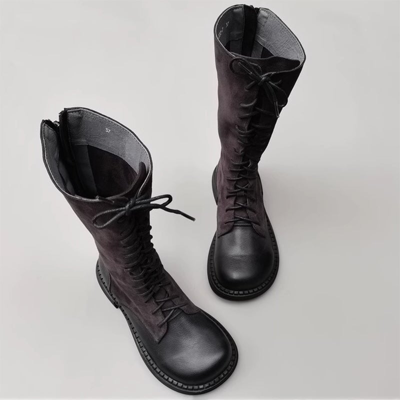 Botas altas hasta la rodilla con cordones hechas a mano, diseño de empalme de puntera grande, botas de montar negras/marrones