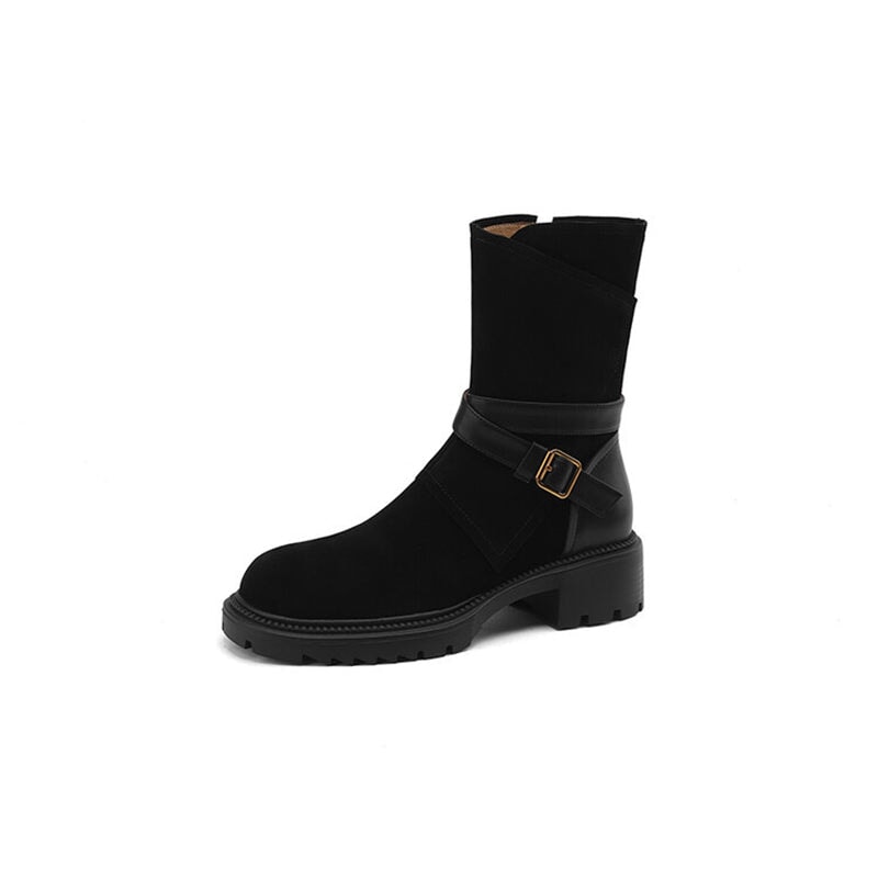 Womens Suede Mid Calf Boots for Winter Buckles Boots