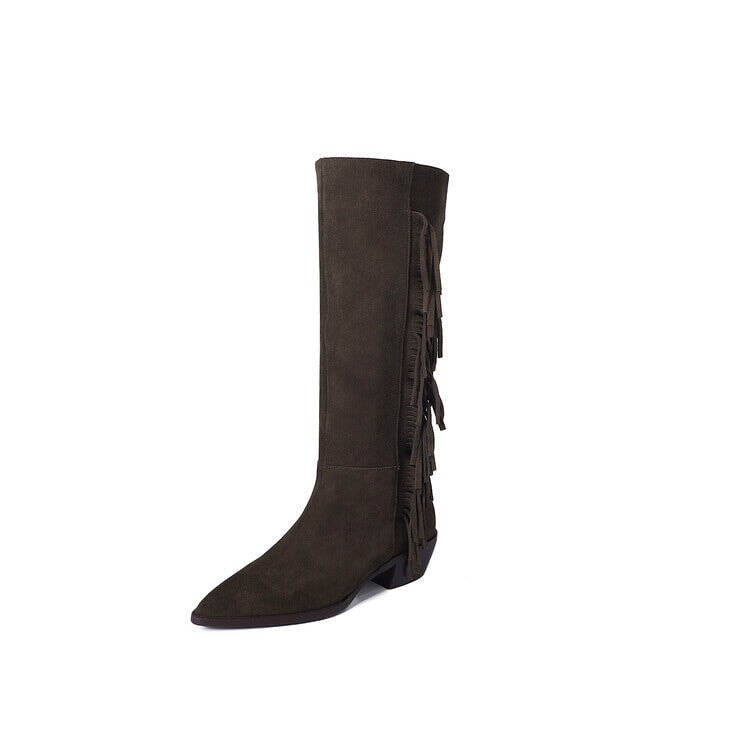 Botas altas de ante para mujer, tacón de bloque de 40 mm, con borlas, estilo vaquero