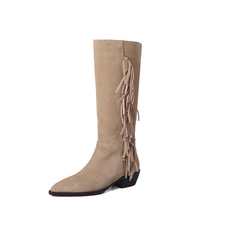 Botas altas de ante para mujer, tacón de bloque de 40 mm, con borlas, estilo vaquero