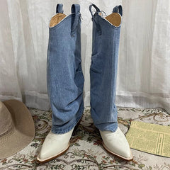 Wide-Shaft Wedge Boots Foldover Western Boots Blue & Off-White Mid Cowboy Boots