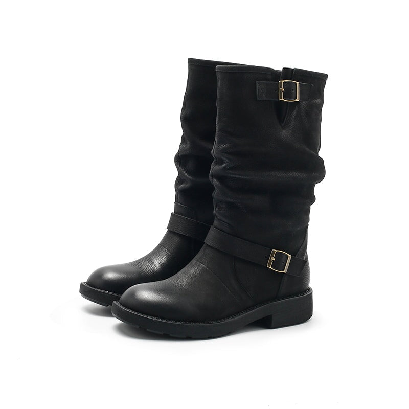 Designer Mid Calf Boots Fold Design Riding Boots Buckle Detail