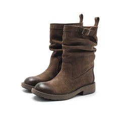 Designer Mid Calf Boots Fold Design Riding Boots Pull On Style With Buckle Detail