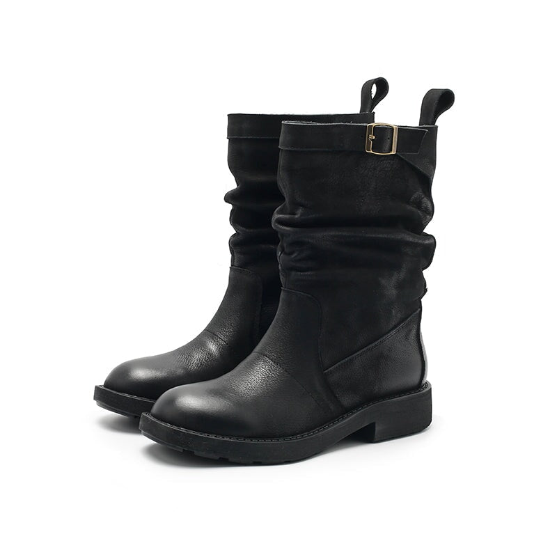 Designer Mid Calf Boots Fold Design Riding Boots Pull On Style With Buckle Detail